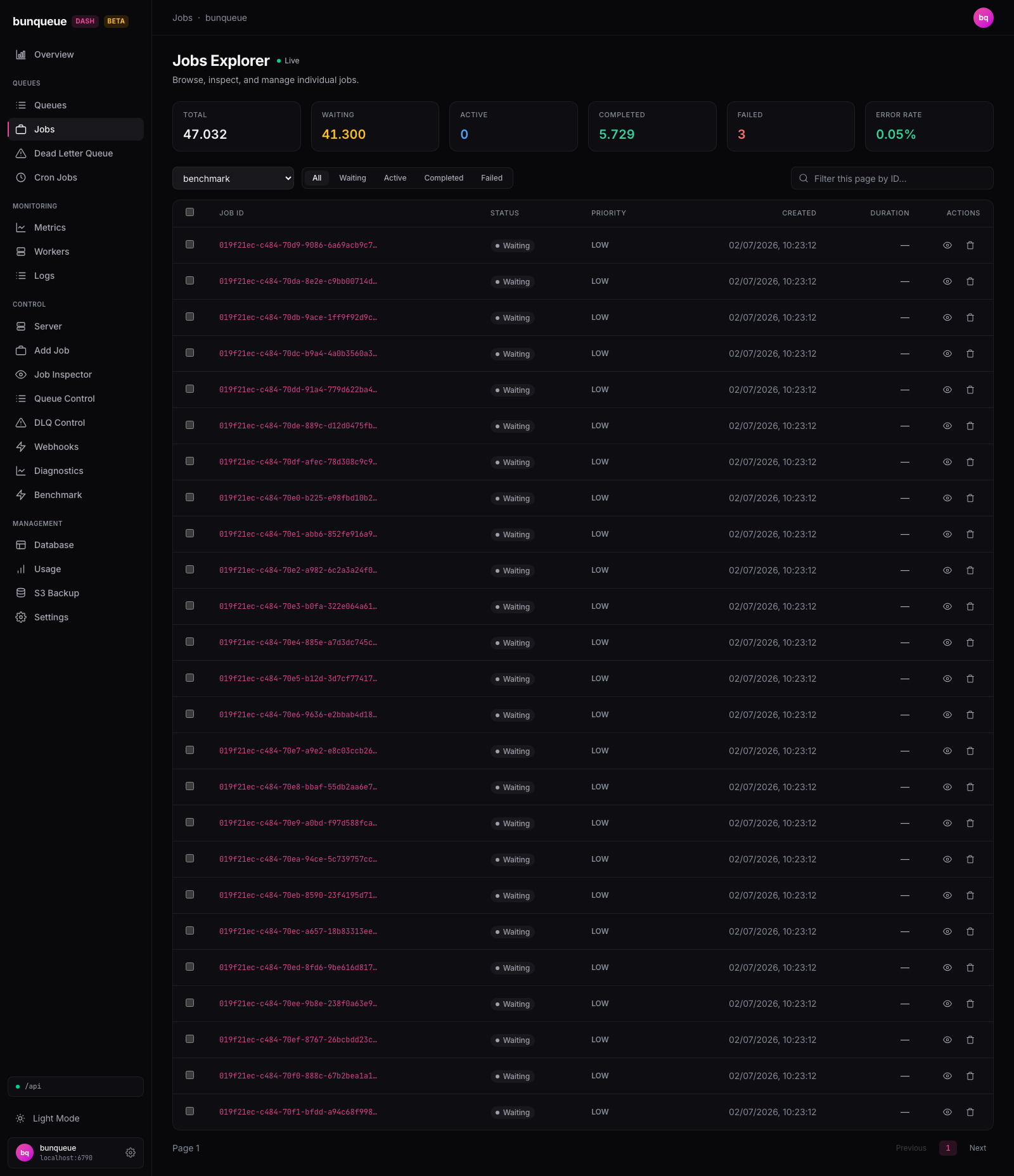 The Jobs explorer: filters, multi-select and state-gated bulk actions